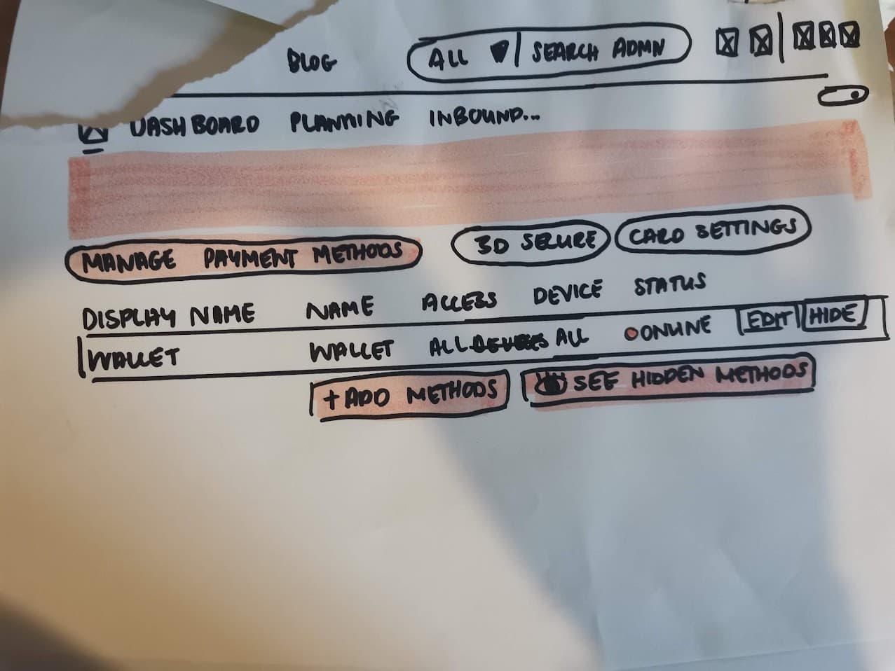 Manage Payment Methods - redesigned table (wireframe)