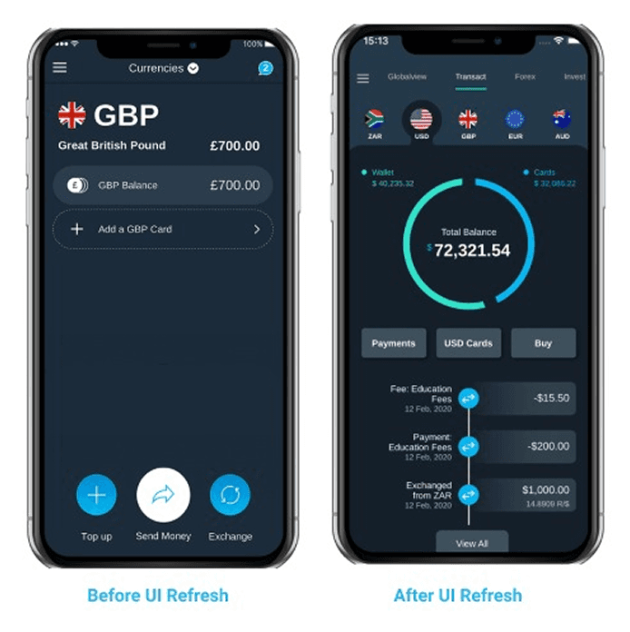 Shyft Transact tab - before and after the UI refresh